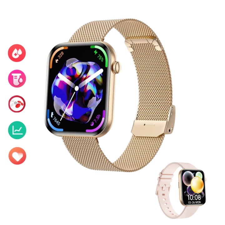 Ceas Smartwatch femei, dama Lommad®, AMOLED 1.85”, Ultra-Subtire, Slim, Monitorizare Glicemie, Ritm Cardiac, Tensiune arteriala, Oximetru, Somn, Apel Bluetooth, Rezistent la apa IP67, Multiple Moduri Sport, Auriu, Curea Cadou