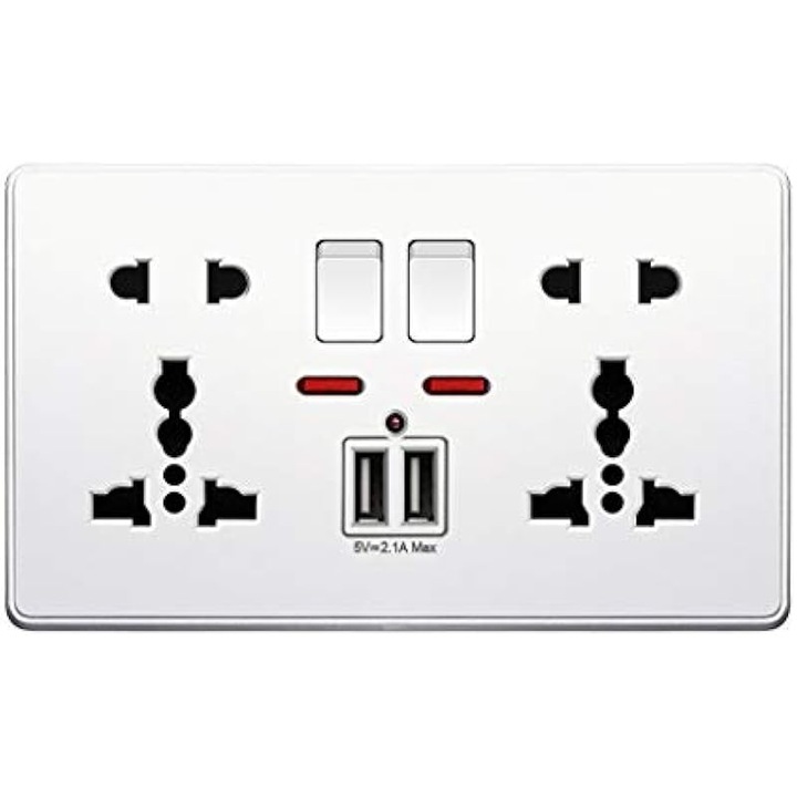 Стенен контакт с бутон и 2 USB порта 5V 2.1A, бял