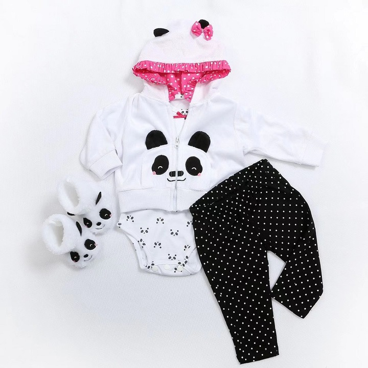 Papusa reborn imbracaminte, fetita, KsiTig, realista silicon bebelusi set cu haine si accesorii,0, 2kg, alba, pentru 45-60cm (Panda 4pcs Set)