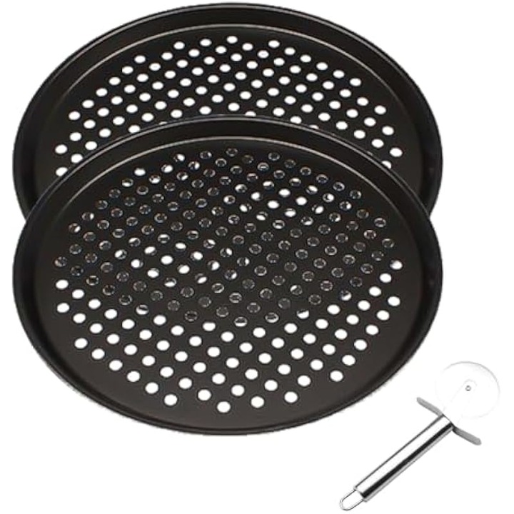Set 3 tavi pizza neaderente, perforate, 32cm, cu rola inox, carbon steel, rezistente, usor de curatat