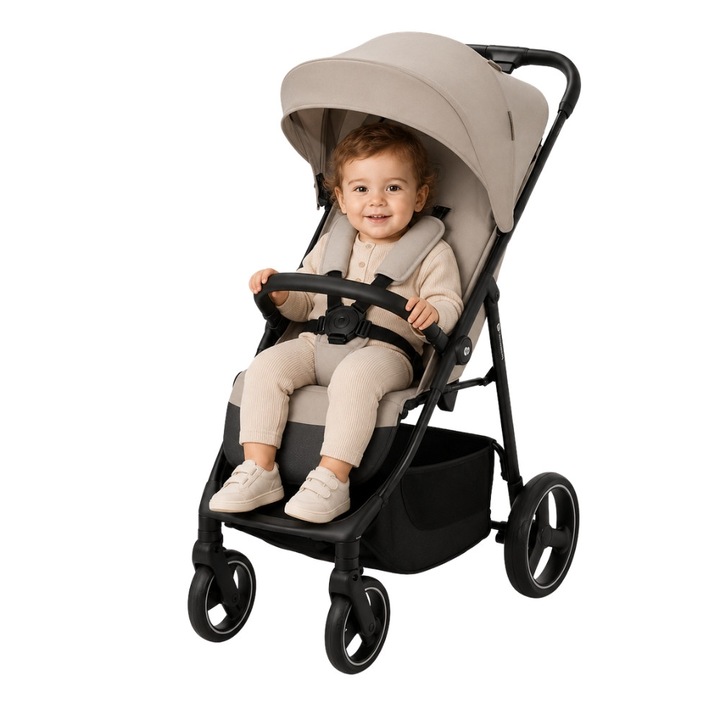 Спортна количка ZippyJoy MommyGo, бързо сгъване с една ръка, накланяща се облегалка до хоризонтално положение, EVA колела с амортисьори, водоустойчив сенник, издържа до 25 кг, 8.9 кг, бежов