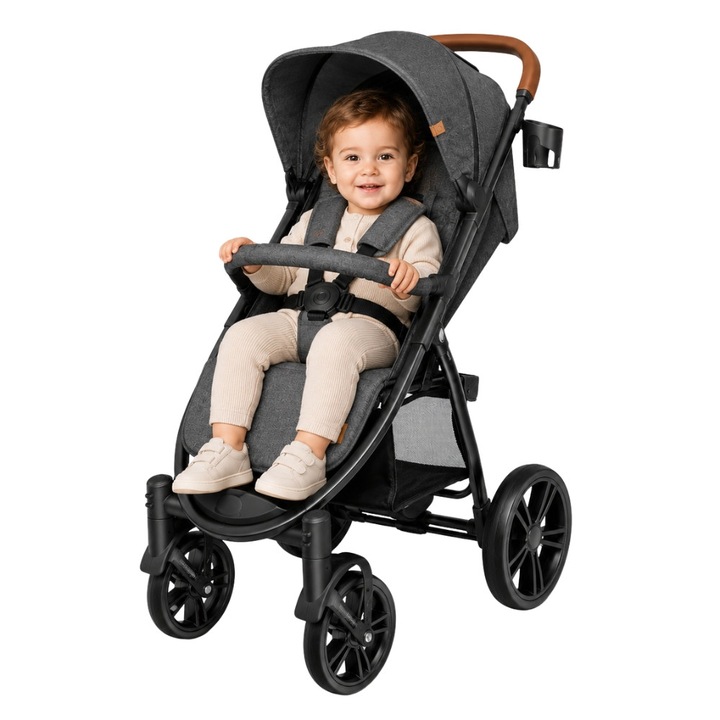 Спортна количка ZippyJoy MommyGo, Сгъване с едно движение, Накланяща се облегалка до хоризонтално положение, Големи колела с двойно амортизиране, XXL сенник, Включени аксесоари, Издържа до 22 кг, Пепеляво сиво
