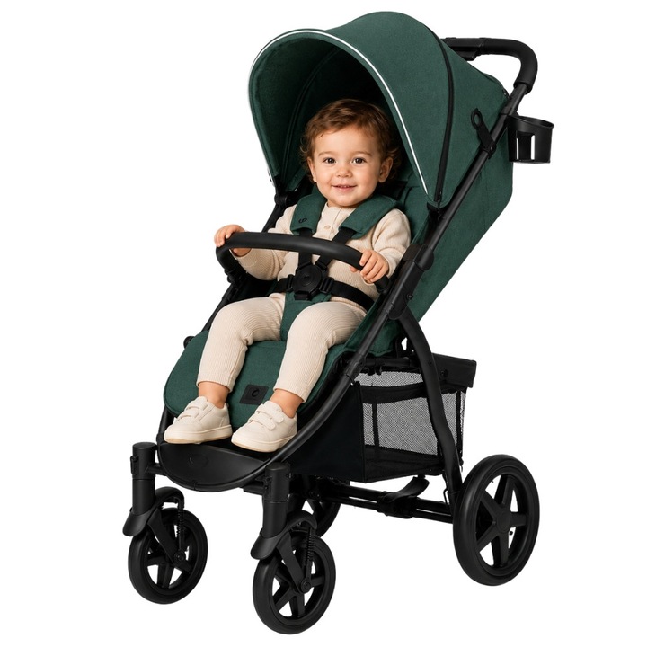 Спортна количка ZippyJoy MommyGo, Off-Road PU колела с амортизация, накланяща се облегалка до хоризонтално положение, регулируема дръжка, XXL водоустойчив сенник, издържа до 22 кг, 12.5 кг, Imperial Green