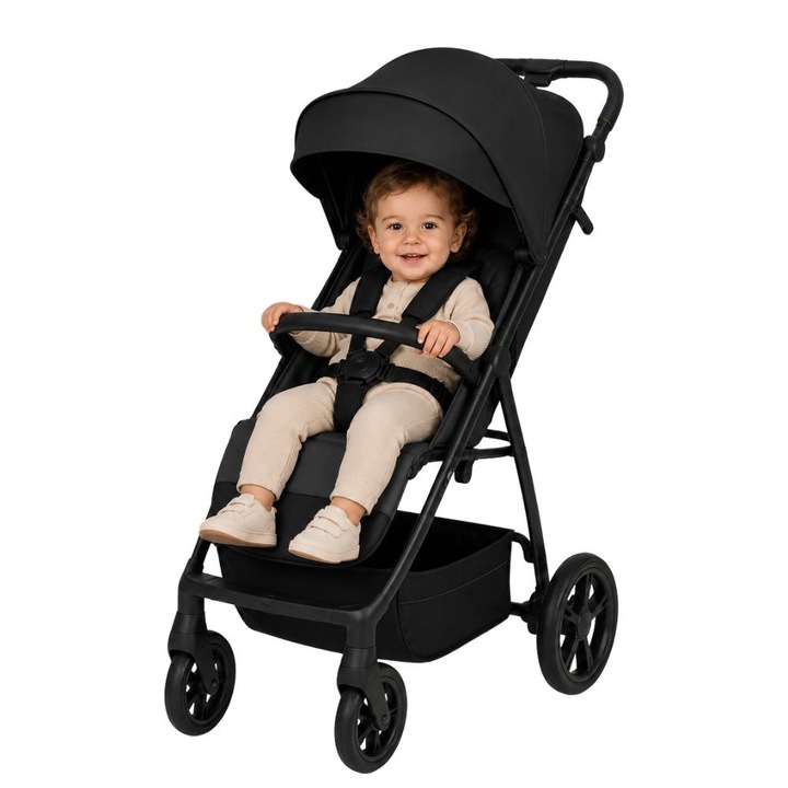 Спортна количка ZippyJoy MommyGo, Иновативно сгъване с една ръка, Накланяща се облегалка до хоризонтално положение, Голям сенник с вентилация, Покритие от екологична кожа, Издържа до 22 кг, Черен Grant