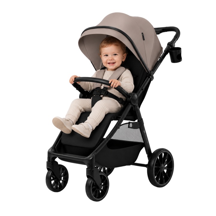 Спортна количка ZippyJoy MommyGo, Сгъване CLICK&FOLD с една ръка, Накланяща се облегалка до хоризонтално положение, Големи EVA колела с амортизация, Магнитна катарама, Издържа до 22 кг, 10.5 кг, Неутрален бежов