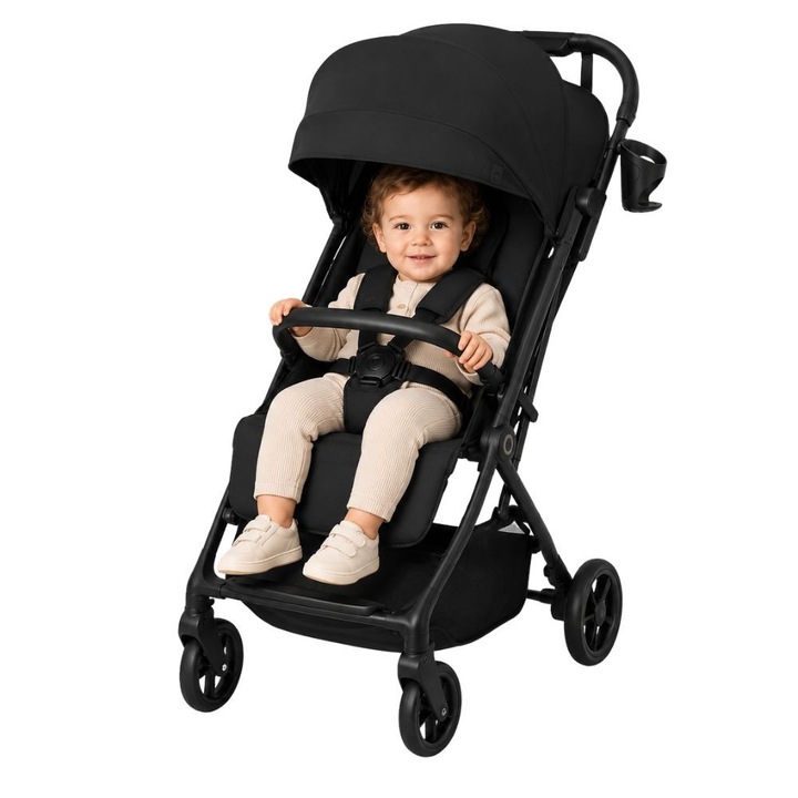 Спортна количка ZippyJoy MommyGo, Автоматично сгъване, Облегалка с наклон до хоризонтално положение, Колела GravelTech със окачване, Тапицерия Dri-Seat, Водоустойчив сенник XXL UPF50+, Черен меланж