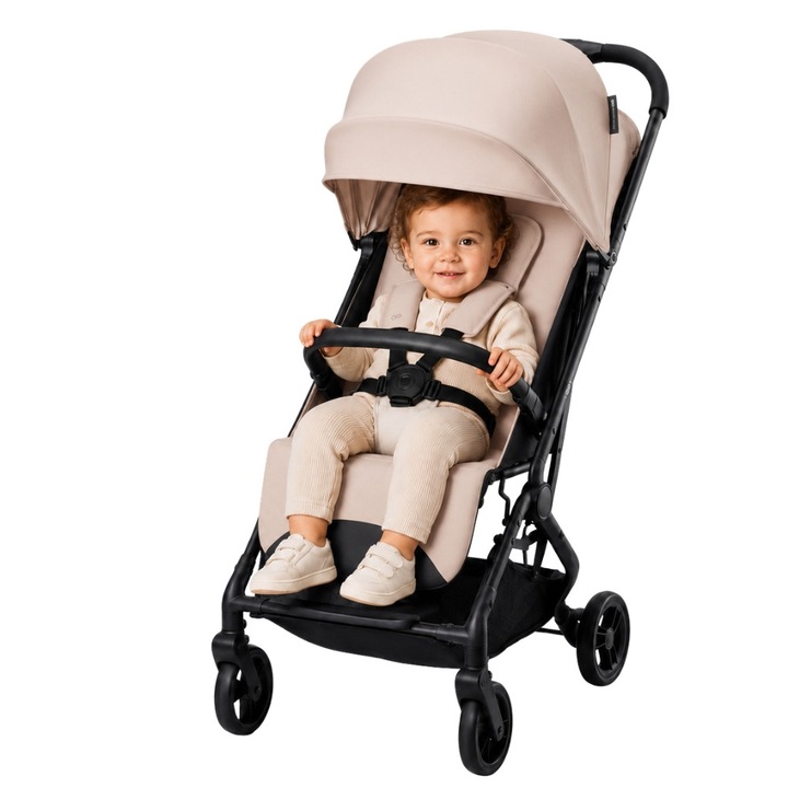 Количка за спорт Ultra-Usor ZippyJoy MommyGo, Бързо сгъване с една ръка, Накланяща се облегалка до хоризонтално положение, Устойчиви TPR колела, Кошница за пазаруване, Включва презрамка за носене, 7.3 кг, Крем