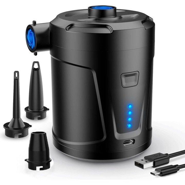 Hordozható elektromos pumpa 5200 mAh, 400 L/perc, 11x8x8.6 cm, 3 fúvóka