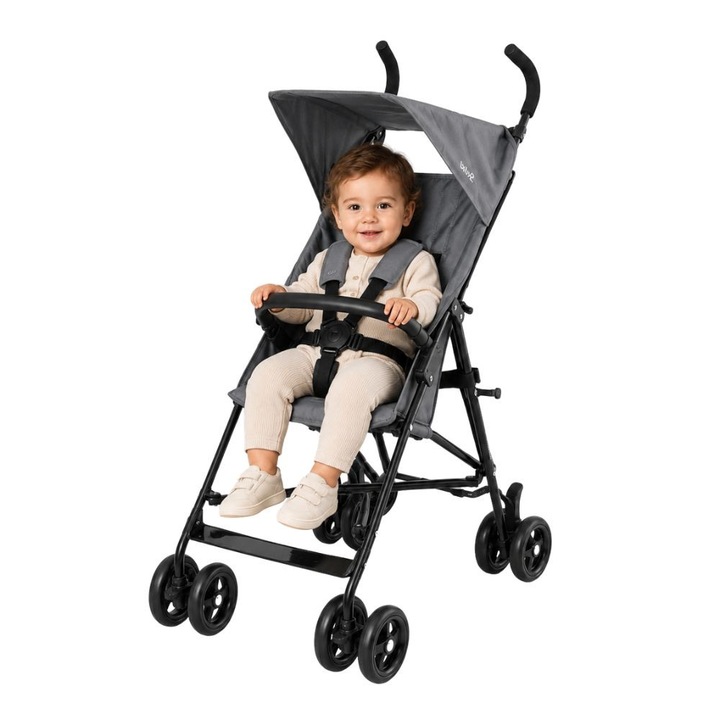 Спортна количка ZippyJoy MommyGo, Алуминиева рамка, Ултра лека 4.5 кг, Лесно сгъване, Двойни въртящи се колела, Свалящ се сенник, Издържа до 15 кг, Антрацитно сиво