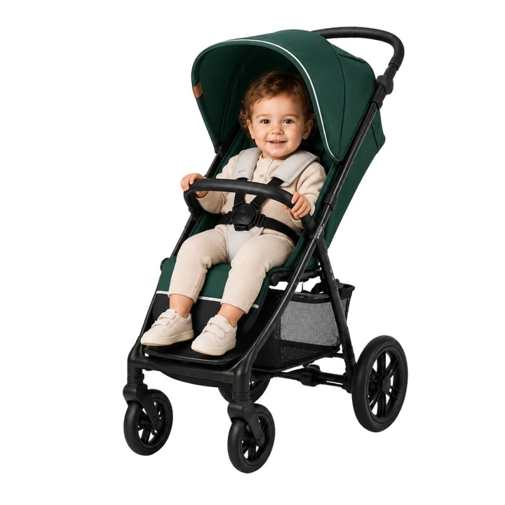 Спортна количка ZippyJoy MommyGo, Off-Road PU колела с амортизация, Накланяща се облегалка до хоризонтално положение, Регулируема дръжка, XXL водоустойчив сенник, Издържа до 22 кг, 12.5 кг, Горско зелено