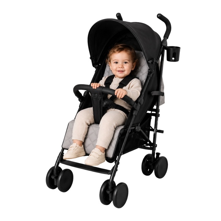 Спортна количка ZippyJoy MommyGo, Лека алуминиева рамка 6.5 кг, Компактно сгъване, Регулируема облегалка в 3 позиции, Двойни въртящи се колела, Включена поставка за чаша, Димно сиво