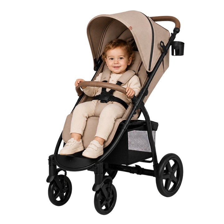 Спортна количка ZippyJoy MommyGo, PU офроуд колела с амортизация, накланяща се облегалка до хоризонтално положение, регулируема дръжка, XXL водоустойчив сенник, издържа до 22 кг, 12.5 кг, тъмно кремаво