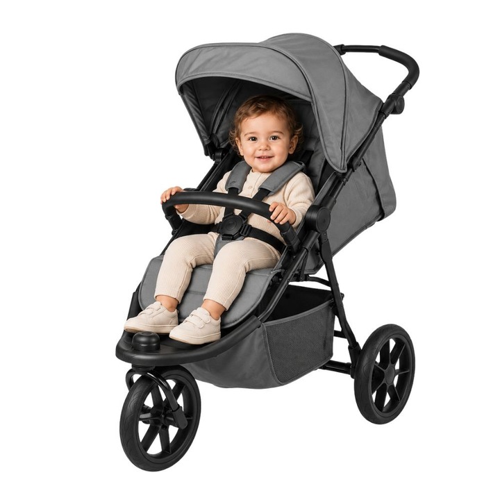 Спортна количка ZippyJoy MommyGo, All-Terrain дизайн с 3 колела, Регулируема дръжка в 3 степени, Накланяща се облегалка, Задни амортисьори, Включени аксесоари, 12.8 кг, Мраморно сиво