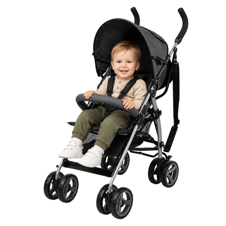 Спортна количка ZippyJoy MommyGo, ултра лека 5.3 кг, компактно сгъване, регулируема облегалка с интегрирана възглавница, двойни въртящи се колела, сенник с прозорец, издържа до 15 кг, шистово сиво