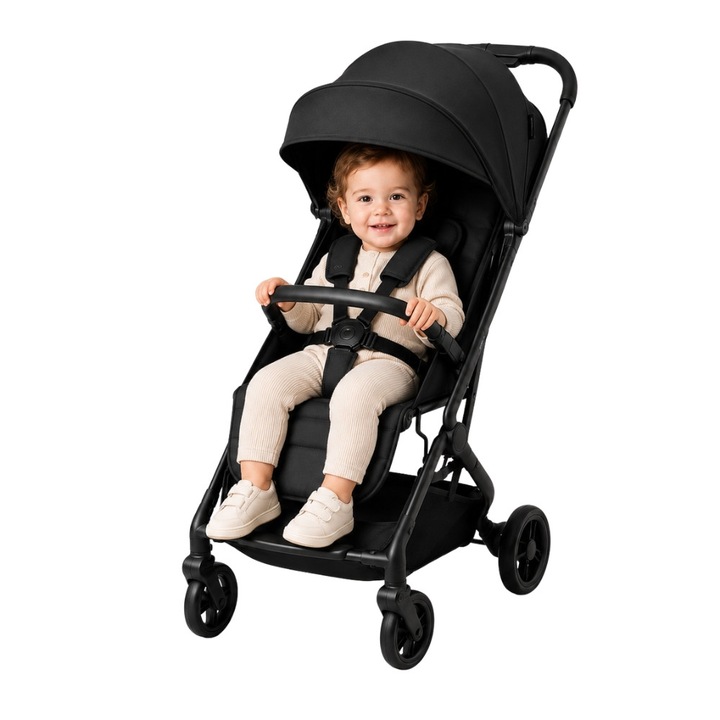 Спортна количка ZippyJoy MommyGo, Сгъване с една ръка, Накланяща се облегалка до хоризонтално положение, EVA колела с амортисьори, Водоустойчив сенник UPF50+, Издържа до 22 кг, 9.6 кг, Въгленово черно