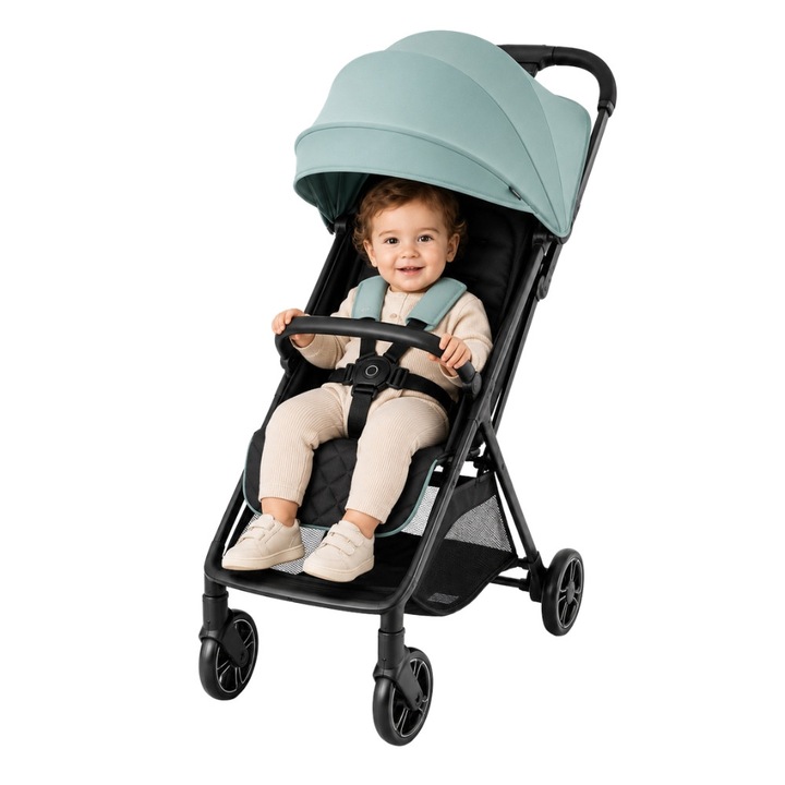 Спортна количка ZippyJoy MommyGo, ултралека 5.8 кг, автоматично сгъване с една ръка, многопозиционна накланяща се облегалка, регулируема поставка за крачета, голям сенник, издържа до 22 кг, тюркоаз