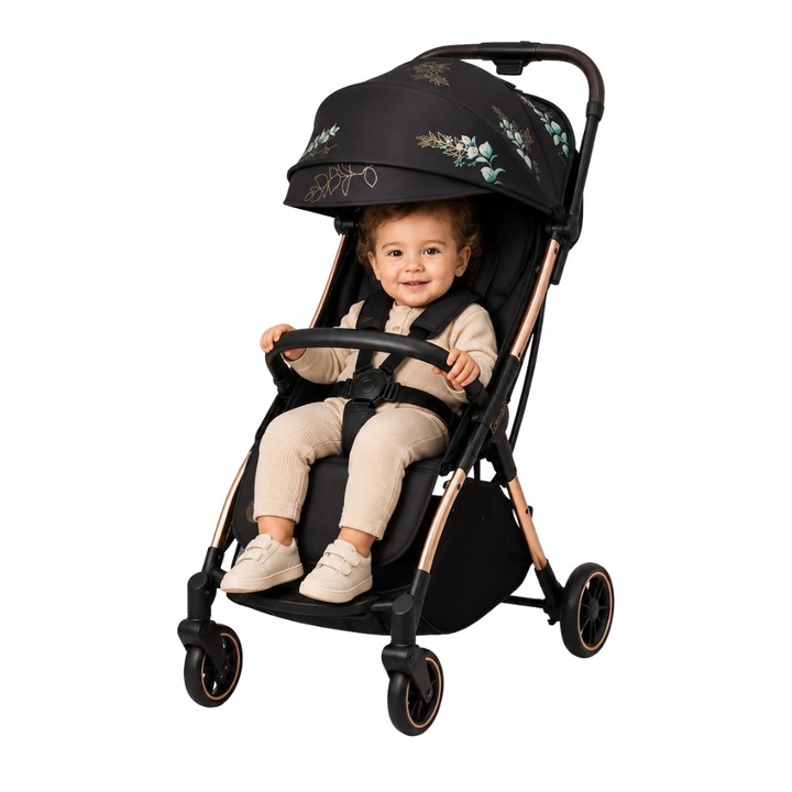 Спортна количка ZippyJoy MommyGo, Golden Moments, Ултра-лека 6.65 кг, Сгъване с една ръка, Накланяща се облегалка, PU колела с амортисьори, Сенник UPF 50+, Издържа до 22 кг, Мраморно черно