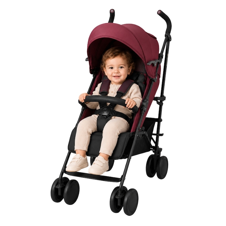 Спортна количка ZippyJoy MommyGo, Ултралек градски дизайн 7.9 кг, Система за сгъване тип чадър, Накланяща се облегалка за почивка, Вентилация с мрежест панел, Издържа тегло до 22 кг, Виненочервен