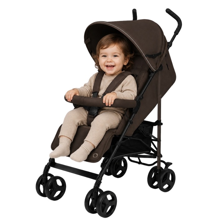 Спортна количка ZippyJoy MommyGo, Лека 7 кг, Сгъване с едно движение, Регулируема облегалка и поставка, Предни колела с амортисьори, Сенник с прозорец, Издържа до 15 кг, Тъмнокафяв