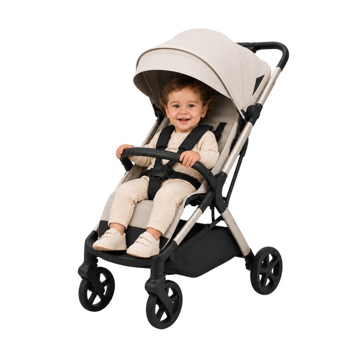 Спортна количка ZippyJoy MommyGo, Автоматично сгъване, Дишаща седалка, Накланяща се облегалка до хоризонтално положение, Големи EVA колела с амортисьори, Водоустойчив сенник, Издържа до 22 кг, 8.7 кг, Шампанско бежово