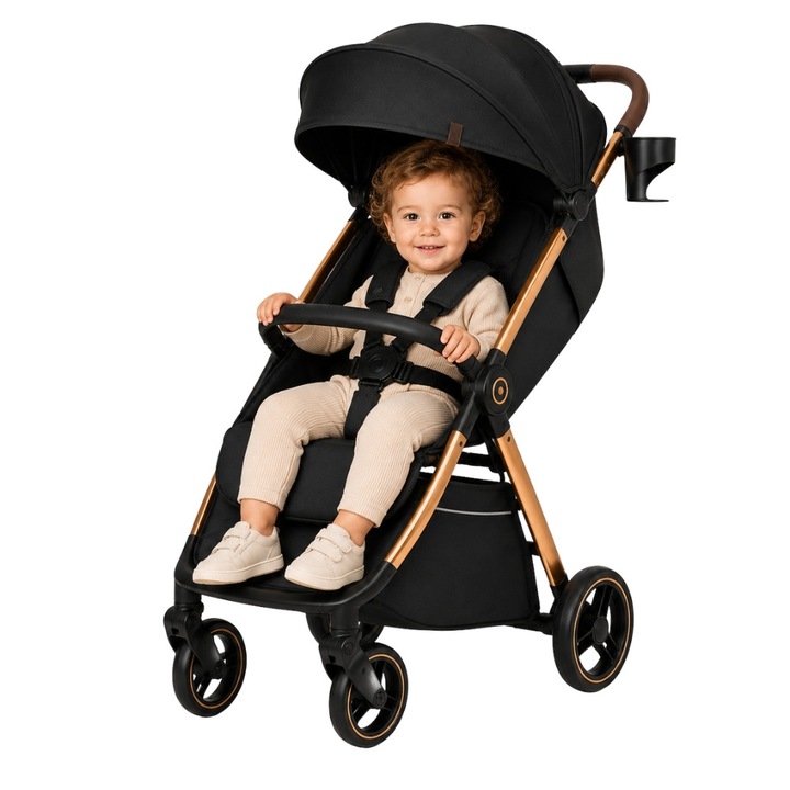 Спортна количка ZippyJoy MommyGo, автоматично сгъване с една ръка, накланяща се облегалка до хоризонтално положение, EVA колела с двойно амортизиране, водоустойчив XXL сенник UPF50+, издържа до 22 кг, патинирано черно