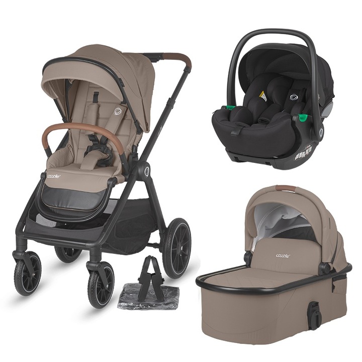 Carucior 3in1 Coccolle Aspen Premium Line cu scoica auto Rilax Pro Black iSize, Roti detasabile, Suspensii, Spatar reglabil, Maner ajustabil, Copertina XXL, Husa de picioruse si ploaie, Pana la 22 kg, Standard de siguranta EN 1888, Sand Beige