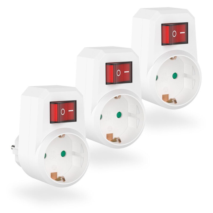 Set 3 adaptoare prize cu intrerupator, alb, 82.5x49.3x38.5mm