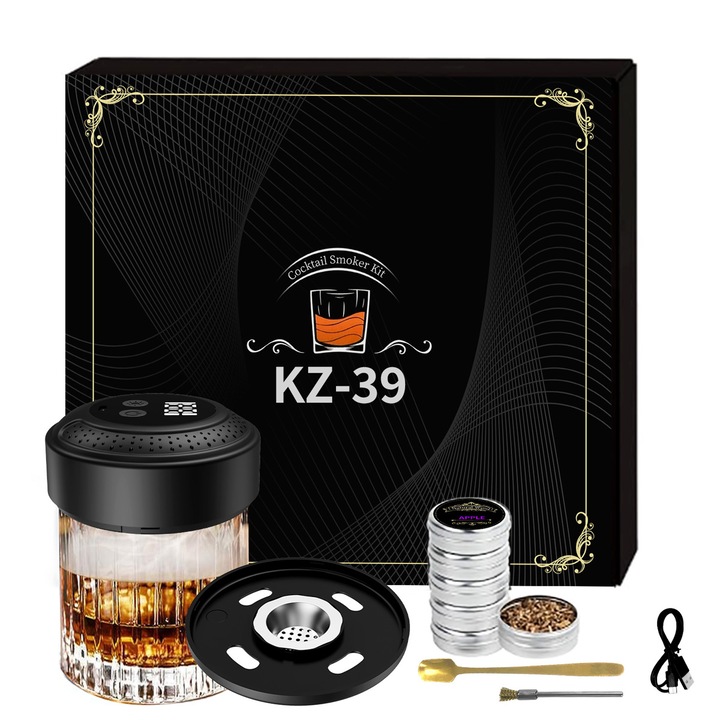 Elektromos készlet italok füstöléséhez, FooFoony, koktélfüstölő készlet 6 féle fával és LED lámpával, régi stílusú whiskyfüstölő készlet, whiskyhez, borhoz, A legjobb ajándék borrajongóknak, Grillszerszámok