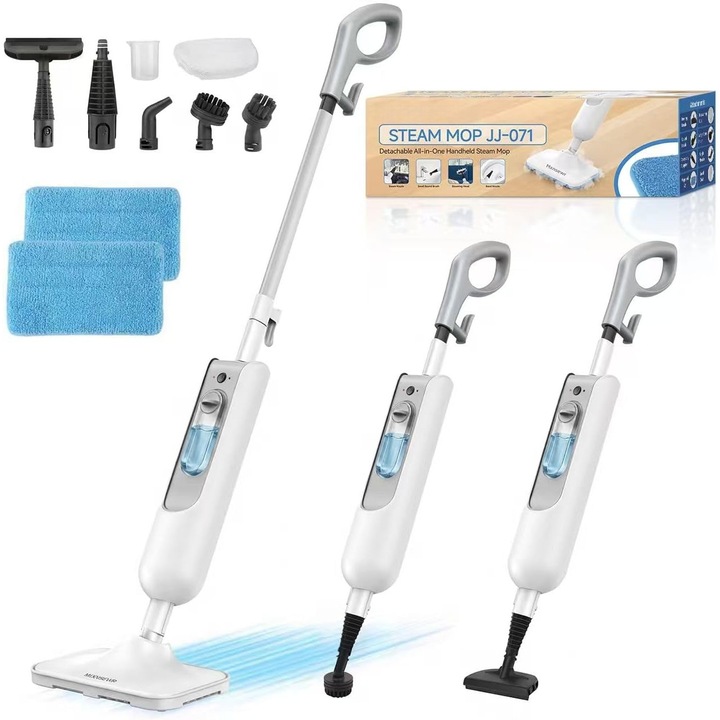 Mop Cu Aburi Talzov 1300W Aparat Curatat Aburi cu 4.8m Cablu, 380ml, Incalzire rapida, 2 setari ale aburului, 9 accesorii incluse, Alb