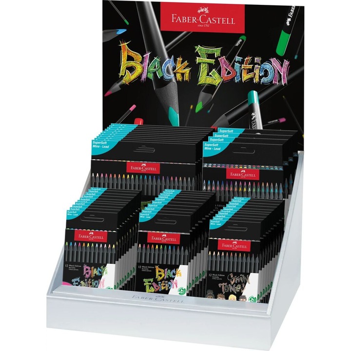 Set 10 cutii creioane colorate Black Edition, Faber-Castell, 12 culori pastel și neon, 12 culori, 12 culori tonuri pielii, 24 culori, 36 culori
