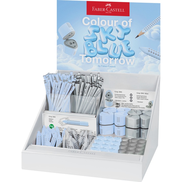 Set Creioane și Accesorii Faber-Castell, 120 Creioane Grafit, 8 Ascuțitori Triplu, 24 Ascuțitori Mini, 30 Radere, Sky Blue