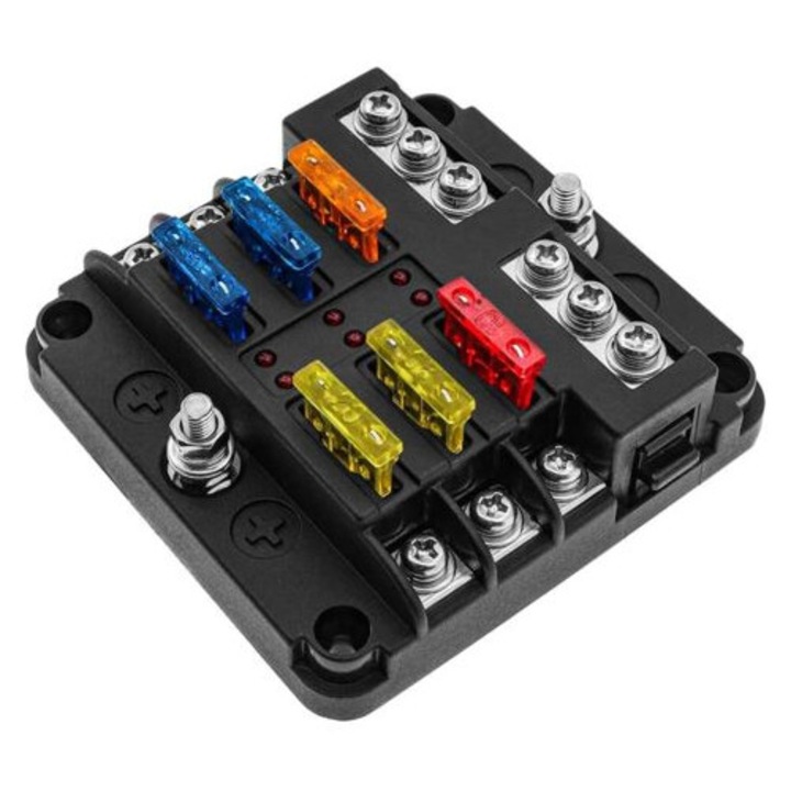 12V Кутия за предпазители, държачи за предпазители с 16 предпазителя, 6 LED индикатора, защитен капак за кола, лодка, морски съдове, камион, SUV 12V/24V