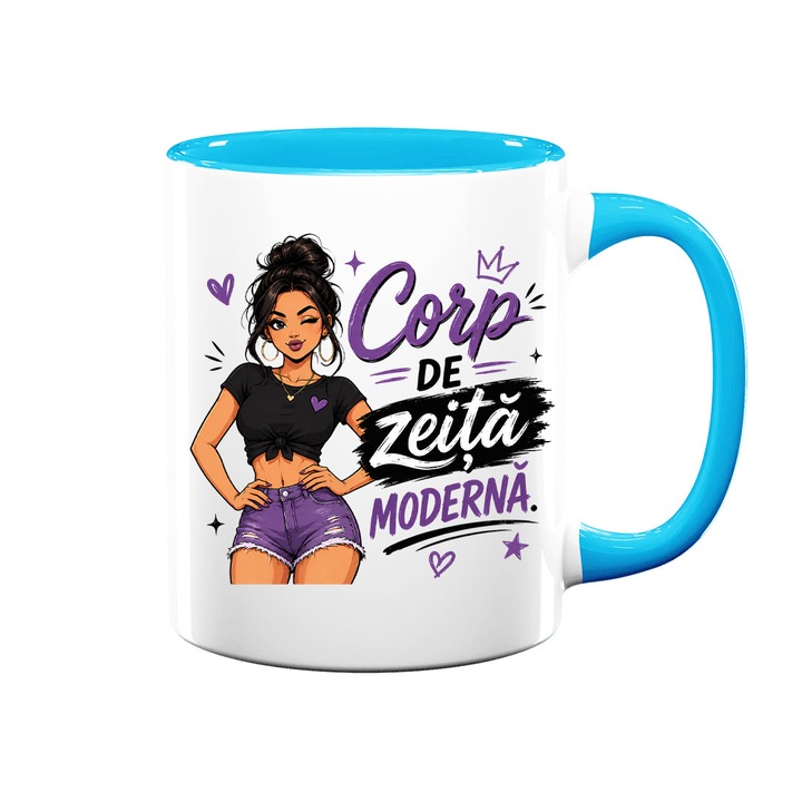 Cana cu mesaj amuzant: "Corp de zeita moderna", alba cu interior albastru, 330ml, ceramica