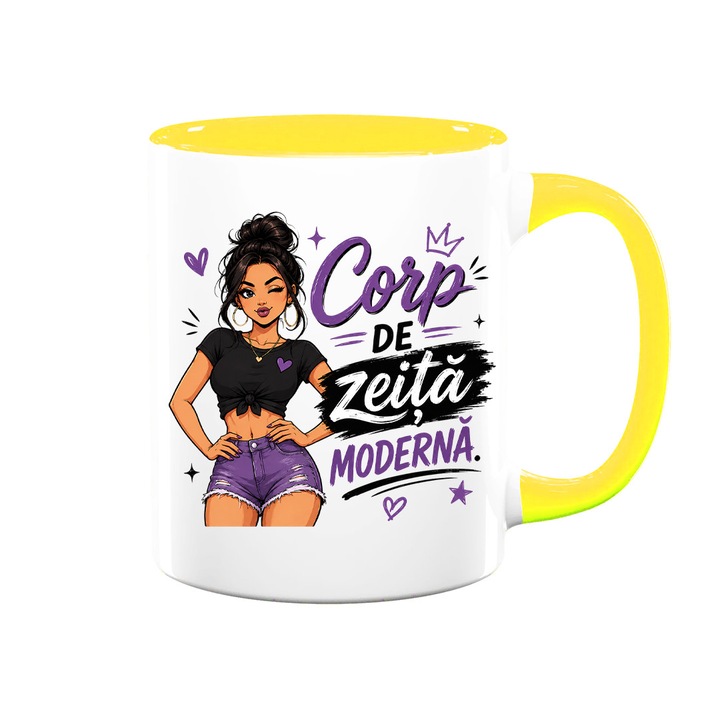 Cana cu mesaj amuzant: "Corp de zeita moderna", alba cu interior galben, 330ml, ceramica