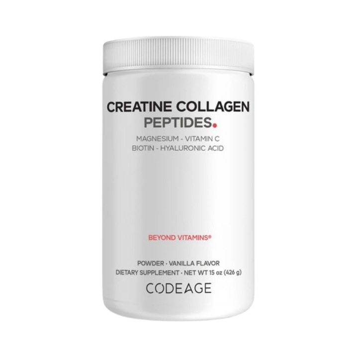 Codeage Creatine Collagen Peptides – Formula avansata cu colagen marin, creatina si nutrienti esentiali, aroma de vanilie, 426 g