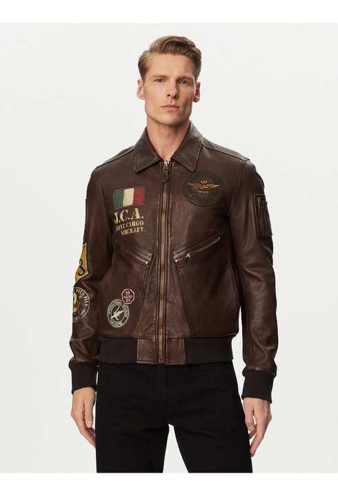 Geaca barbati, Aeronautica Militare, piele naturala, maro, fermoar