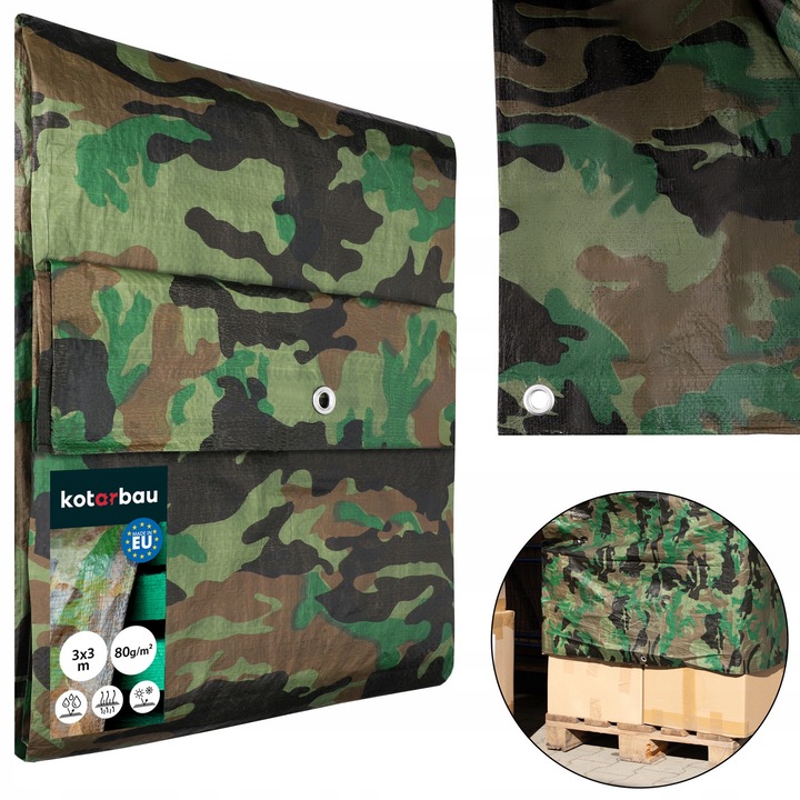 KOTARBAU® Външен защитен брезент, полиетилен, 3 x 3 м, камуфлаж, 80 г/м², UV-защитен брезент, брезент за ремарке, водоустойчив външен брезент