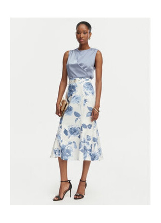 Fusta midi, Guess, Bej, Albastru, Floral, material: In|Viscoza