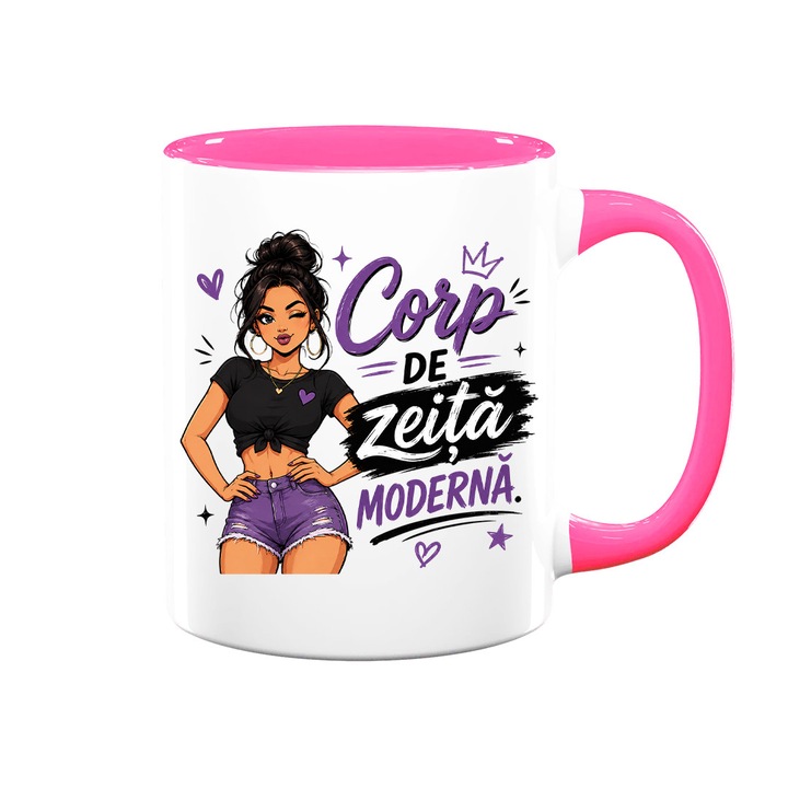 Cana cu mesaj amuzant: "Corp de zeita moderna", alba cu interior roz, 330ml, ceramica