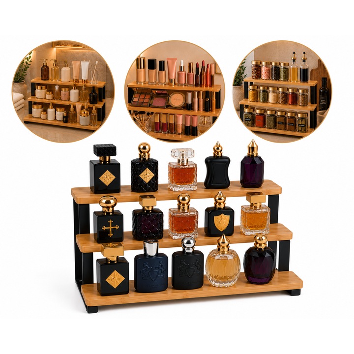 Organizator multifunctional pe 3 nivele, din bambus, suport pentru parfumuri, condimente, cosmetice, machiaj, produse de baie si bucatarie, 32 x 23 x 9.8 cm