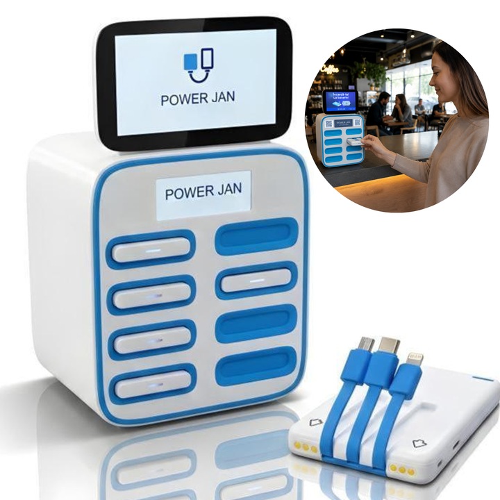 Statie Incarcare Baterii Externe POWER JAN, 8 Sloturi, Ecran LED 7 Inch, Publicitate Digitala, 40000 mAh, solutie pentru Restaurante, Hoteluri, Cafenele, Sali de sport, plaje, 8 Powerbank-uri Portabile 5000 mAh, incarcator baterii externe automat