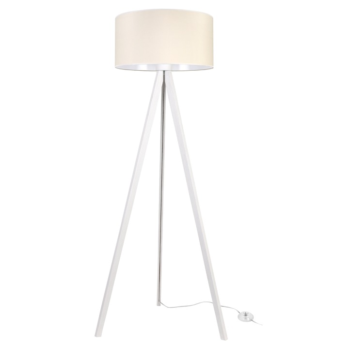 Lampa de podea, Gaja, trepied din lemn alb, abajur crem cilindric, 44 cm, dulie E27