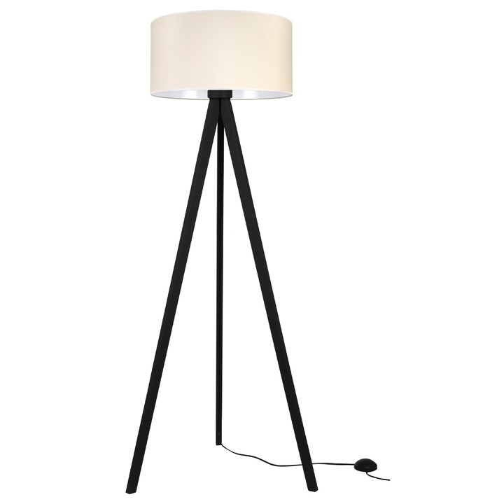 Lampa de podea, GAJA, trepied din lemn negru, abajur cilindric crem, 44 cm, dulie E27