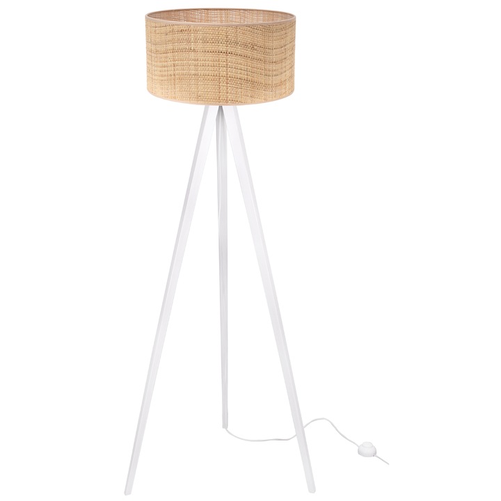 Lampa de podea, Rattan, trepied, abajur cilindric din ratan bej, structura alba, 44 cm, dulie E27