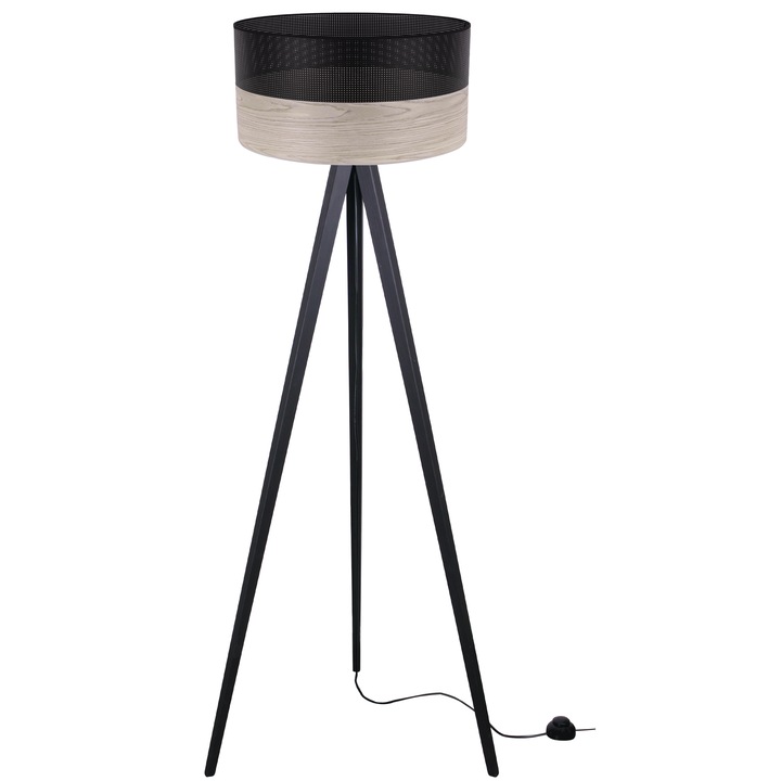 Lampadar, Wood, F01, negru, abajur cilindric 45 cm, soclu E27, trepied din lemn