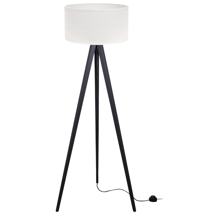 Lampa de podea, Juta, trepied din lemn negru, abajur cilindric din iuta alb, 45 cm, dulie E27