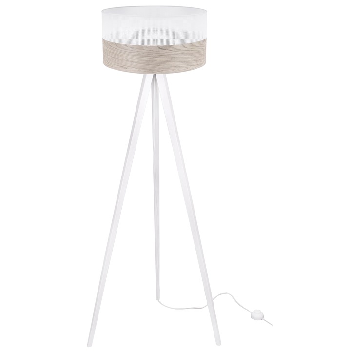 Lampa de podea, Wood, model trepied, alb, abajur cilindric alb, diametru 45 cm, dulie E27