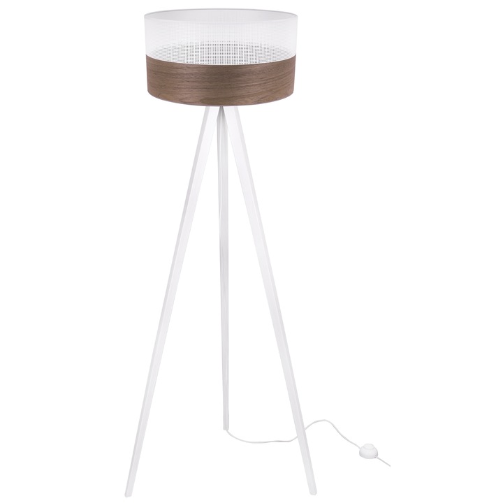 Lampa de podea, Wood, F04, alba cu furnir, abajur cilindric alb, 45 cm, E27