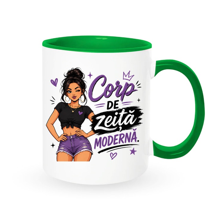 Cana cu mesaj amuzant: "Corp de zeita moderna", alba cu interior verde, 330ml, ceramica