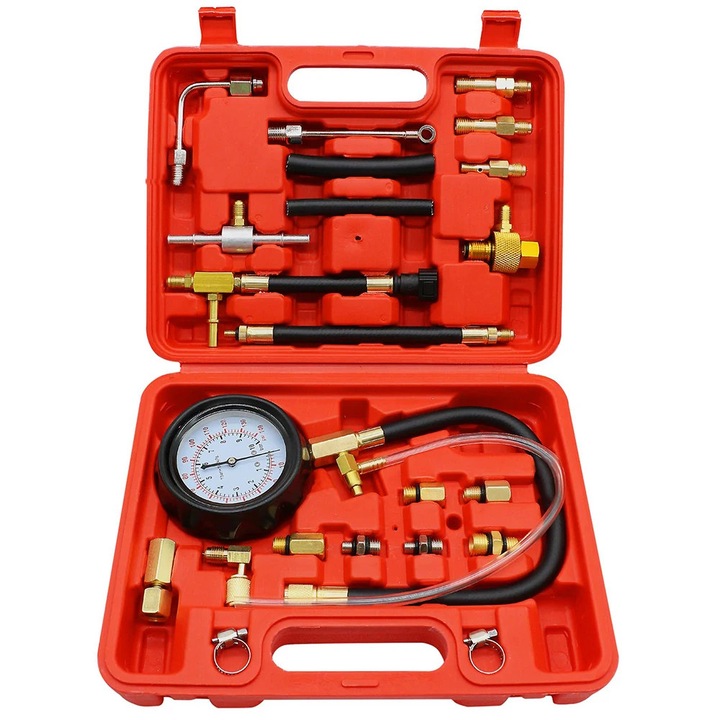 Manometru presiune combustibil, Kit tester injectie, Analogic, 0–140 PSI (0–9, 7 bari), Pentru benzina si motorina, Scule auto